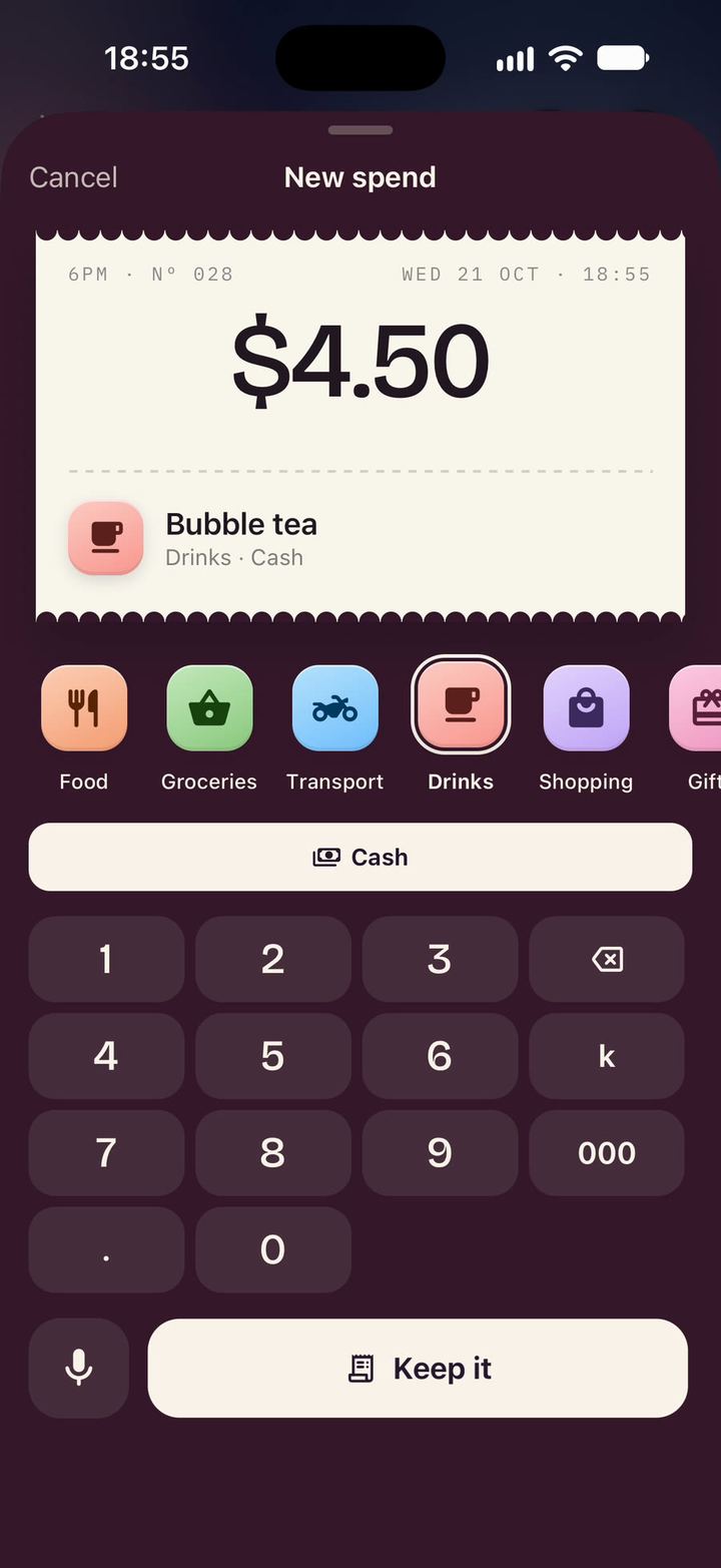 Quick add: a ticket for $4.50, Bubble tea, in Drinks and paid in cash, above the category row, the keypad and the Keep it button.
