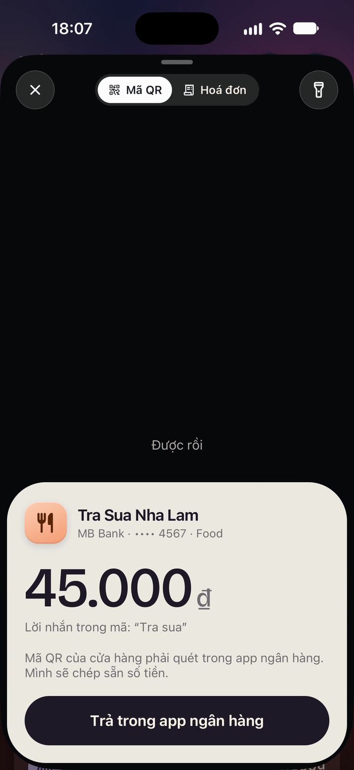 The card 6pm shows after reading a VietQR code: Tra Sua Nha Lam, MB Bank account ending 4567, 45.000₫, the note “Tra sua”, and a button to pay in the bank app.