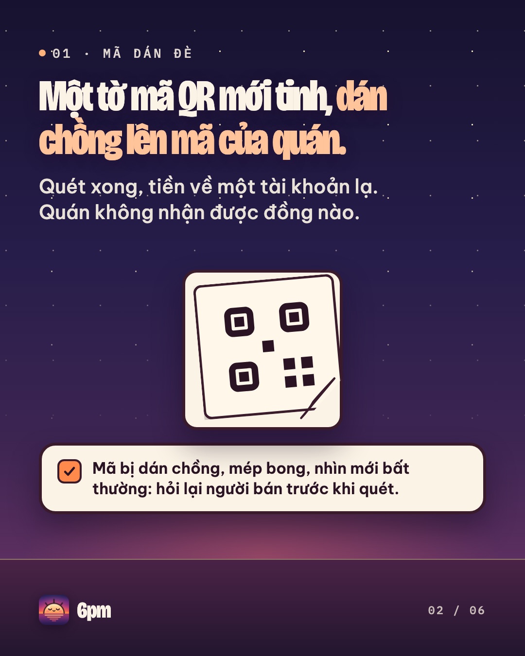 Một tờ mã QR mới dán chồng lên mã của quán, mép bong, kèm lời khuyên hỏi lại người bán trước khi quét