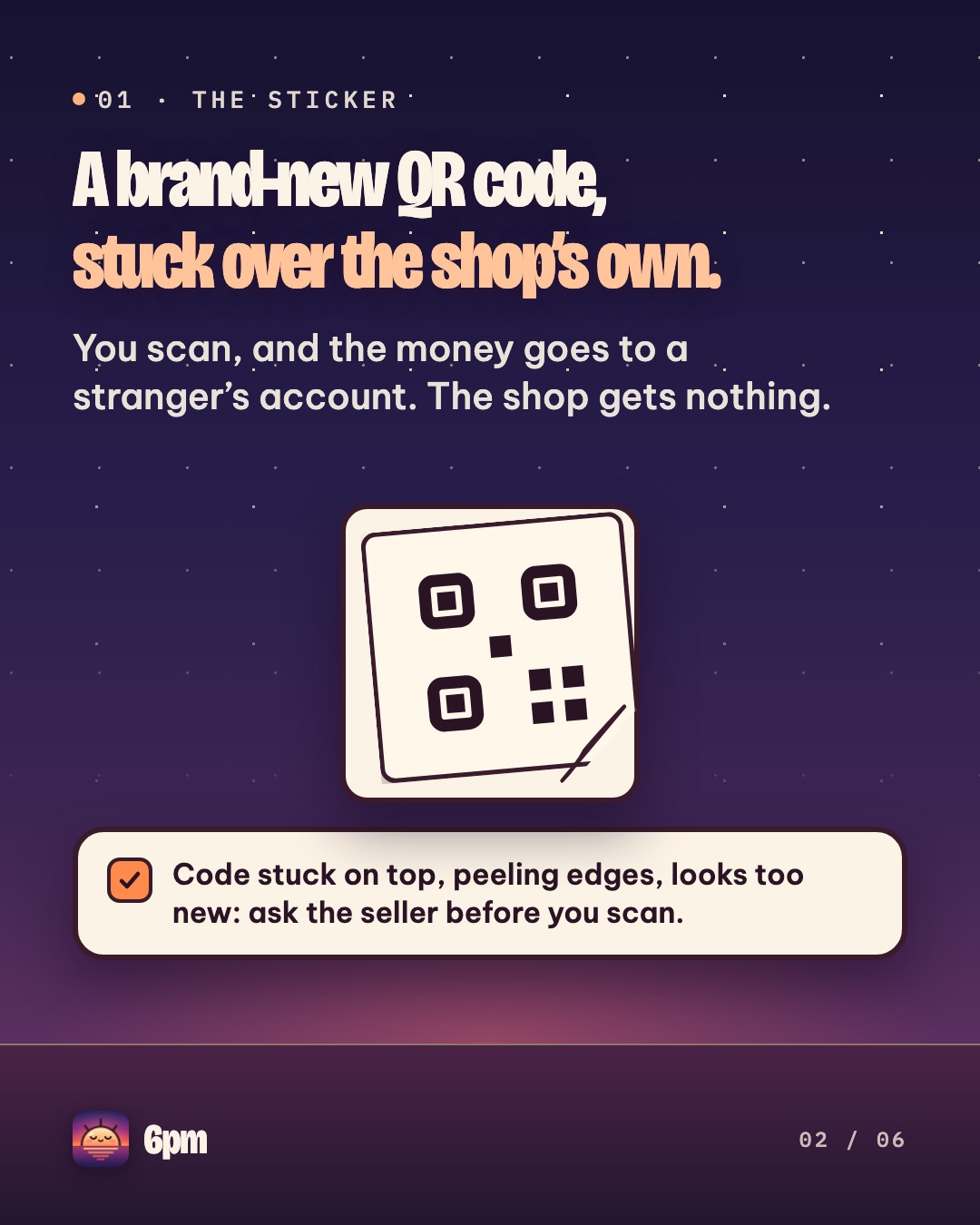 A brand-new QR code stuck over a shop’s code, with a peeling corner, and the advice to ask the seller before scanning