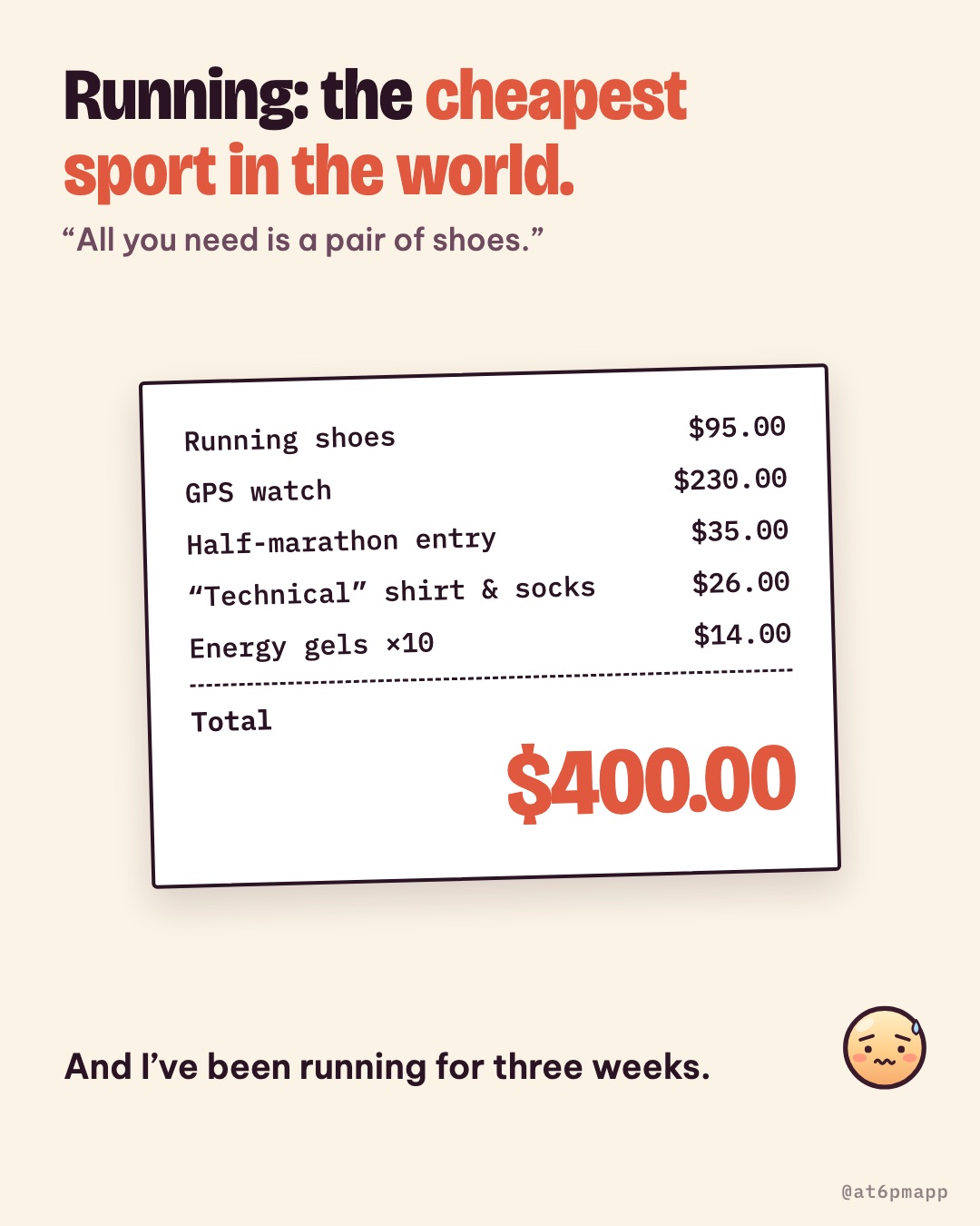 A running receipt: shoes, GPS watch, half-marathon entry, shirt and socks, and energy gels, $400 in total